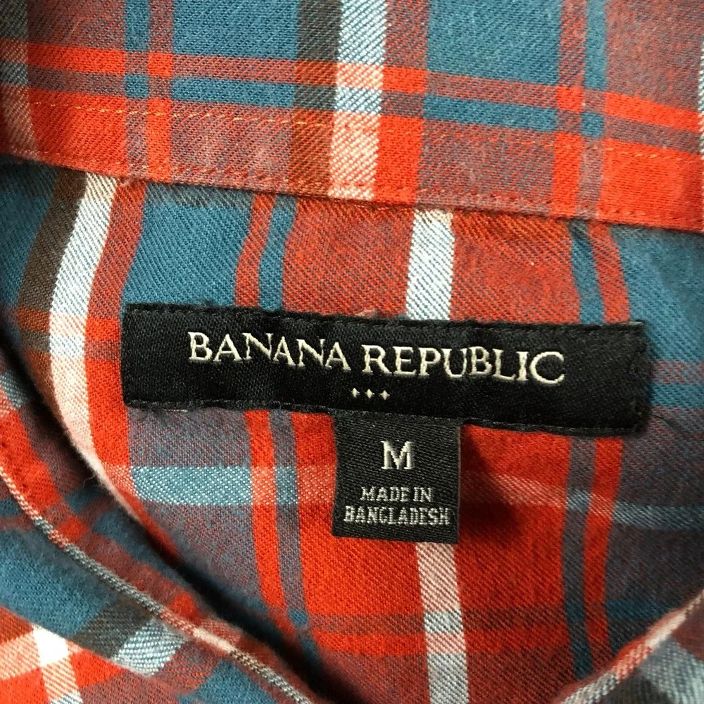 Banana Republic Men Flannel Shirt Size M Orange Blue Plaid Button Up Long Sleeve